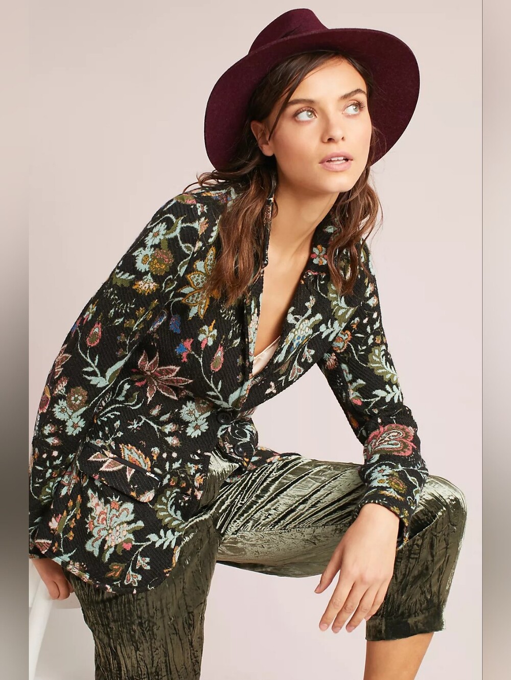 Aldo Martins Anthropologie Floral Intarsia Knit Blazer Jacket Black